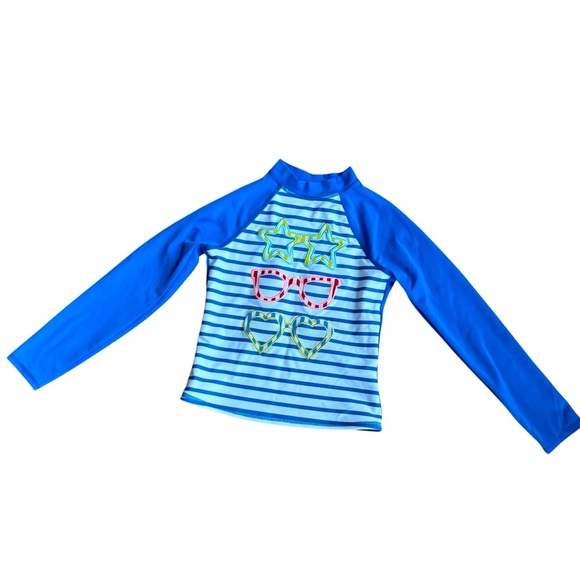 Land’s End Girls Rushguard Swim Top 50+ Long Sleeve Sunglasses Striped 6 - Picture 1 of 5